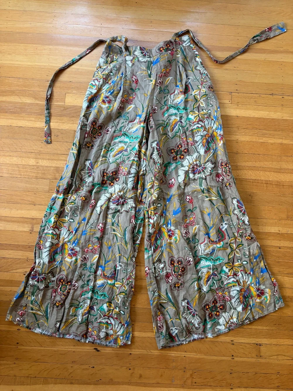 Banana Republic 100% Linen floral wide leg palazzo pants 12L 12 long khaki tan L